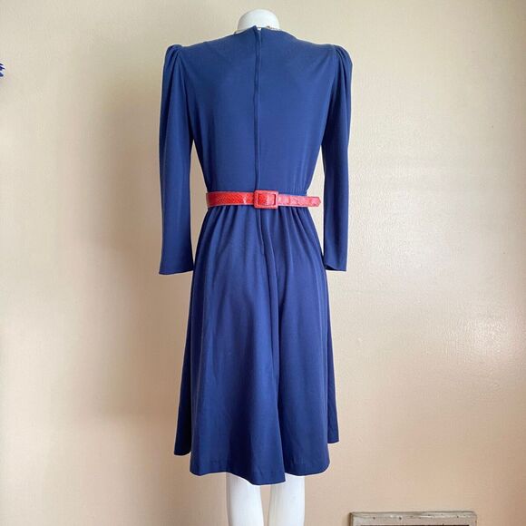 Vintage Medium Navy Blue 80s Long Sleeve Dress with Rad Belt Faux Red Snakeskin - Picture 2 of 8